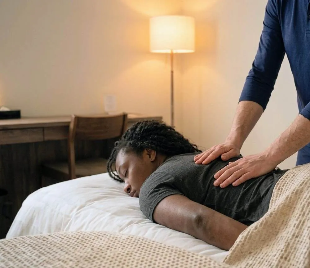 Japanese bodywork for the back and shoulders in a Kyoto hotel room, fully clothed