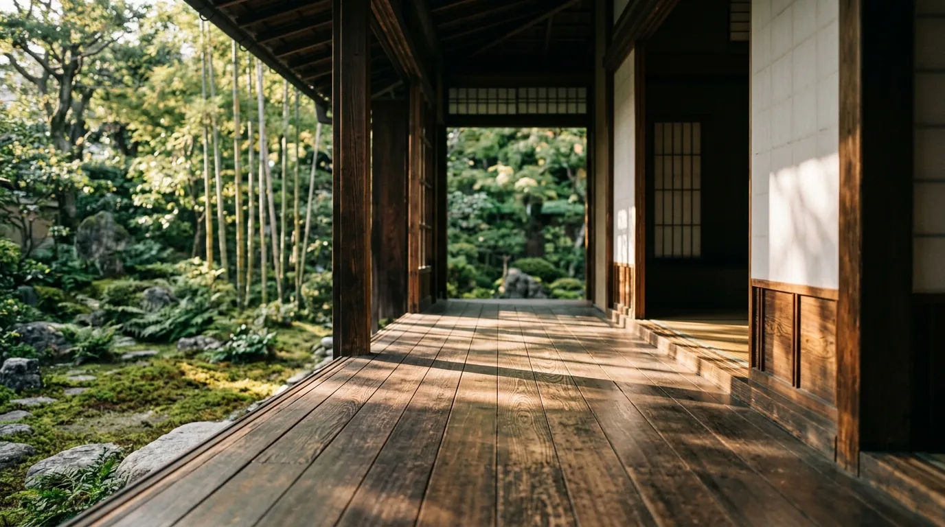 A traditional Japanese engawa veranda overlooking a Kyoto garden