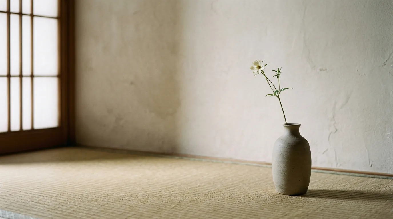 A single flower in a ceramic vase on tatami in Kyoto