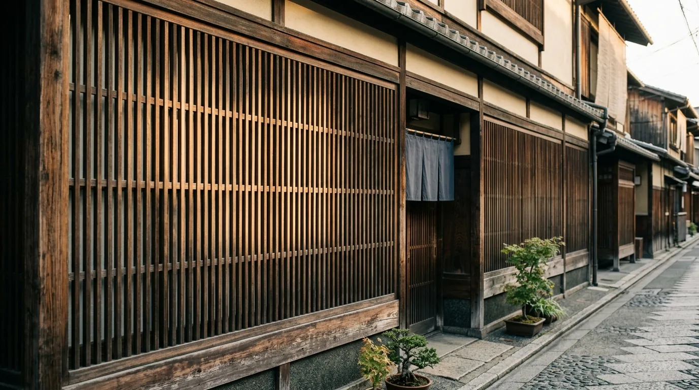 A Kyoto machiya street with wooden lattice facades