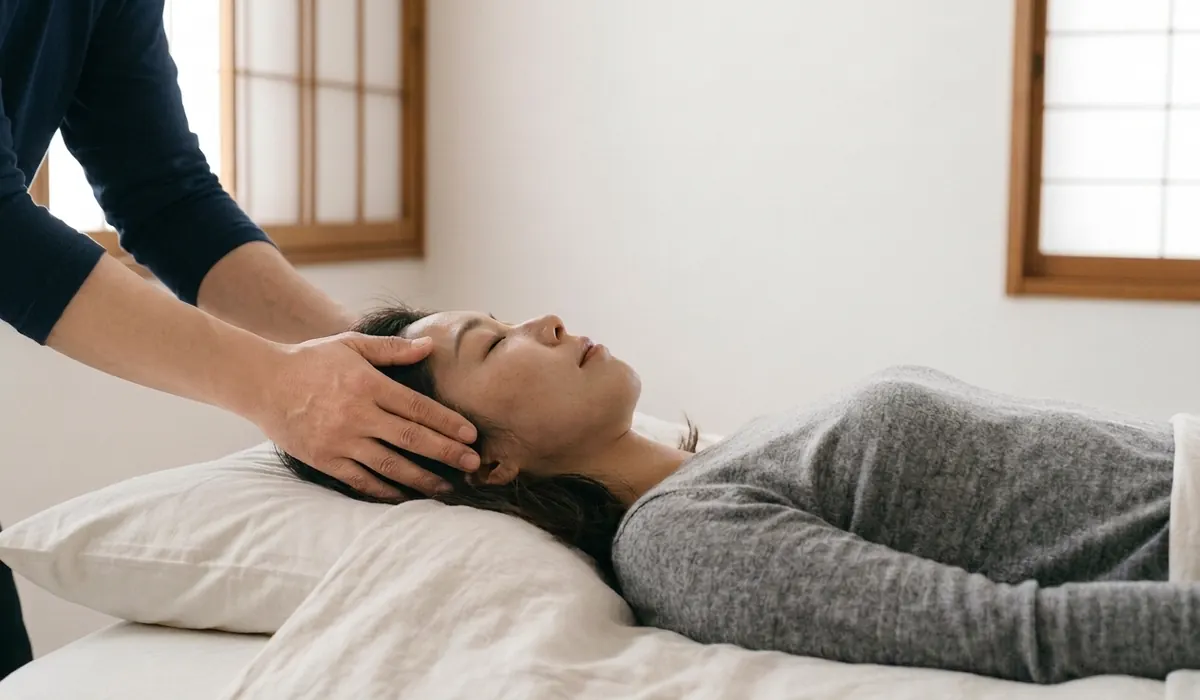 Japanese bodywork for the head and neck, fully clothed, in a quiet Kyoto room