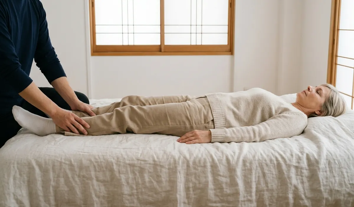 Leg and foot bodywork over clothing after a day of walking in Kyoto