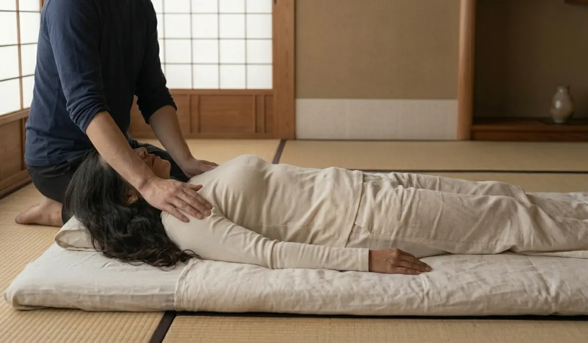 Still, quiet Japanese contact therapy on a futon in a tatami room