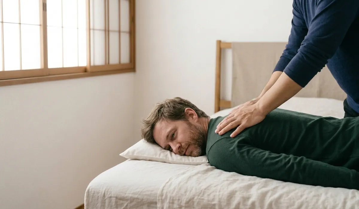 Bodywork for the upper back and shoulders over clothing, in a bright Kyoto room