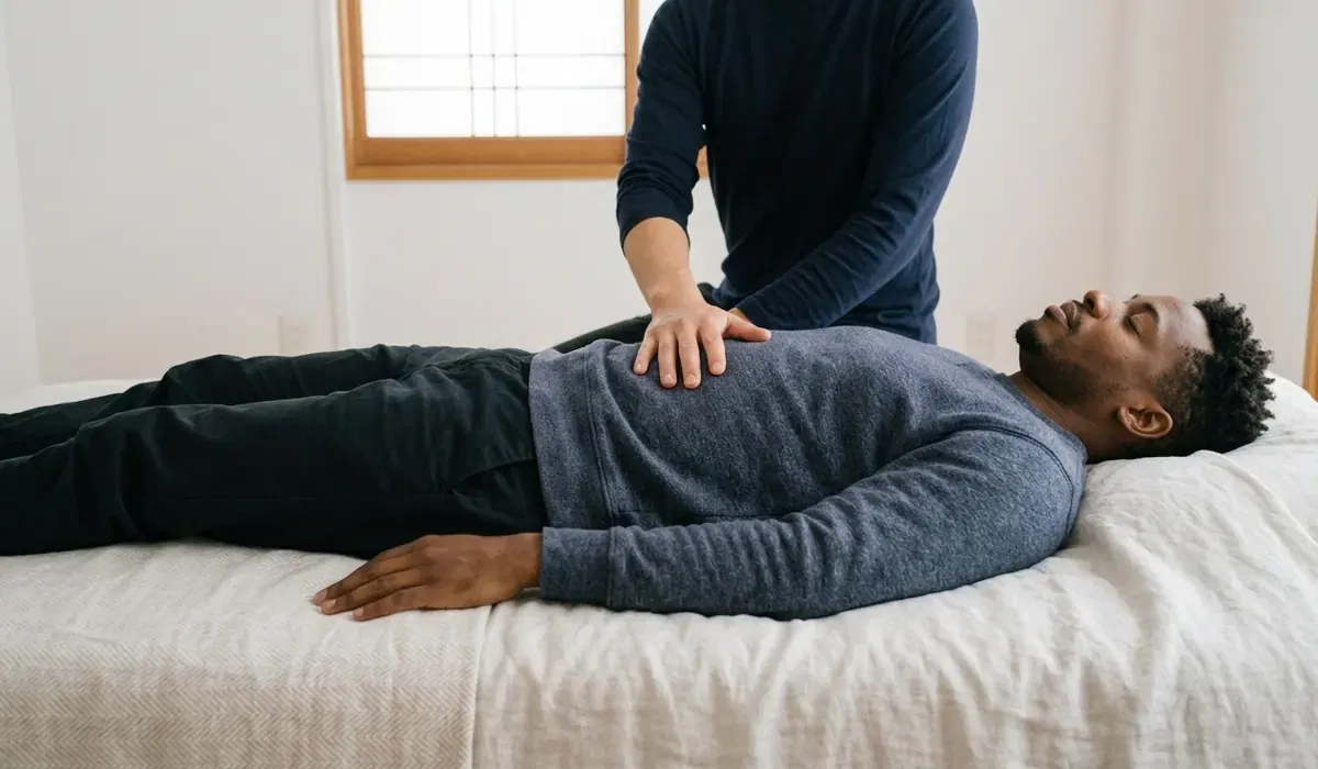 Light abdominal bodywork through clothing for a relaxed traveler in Kyoto
