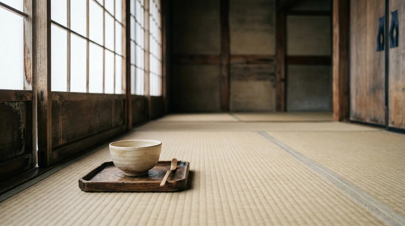 A tea bowl on a wooden tray in a quiet tatami room in Kyoto